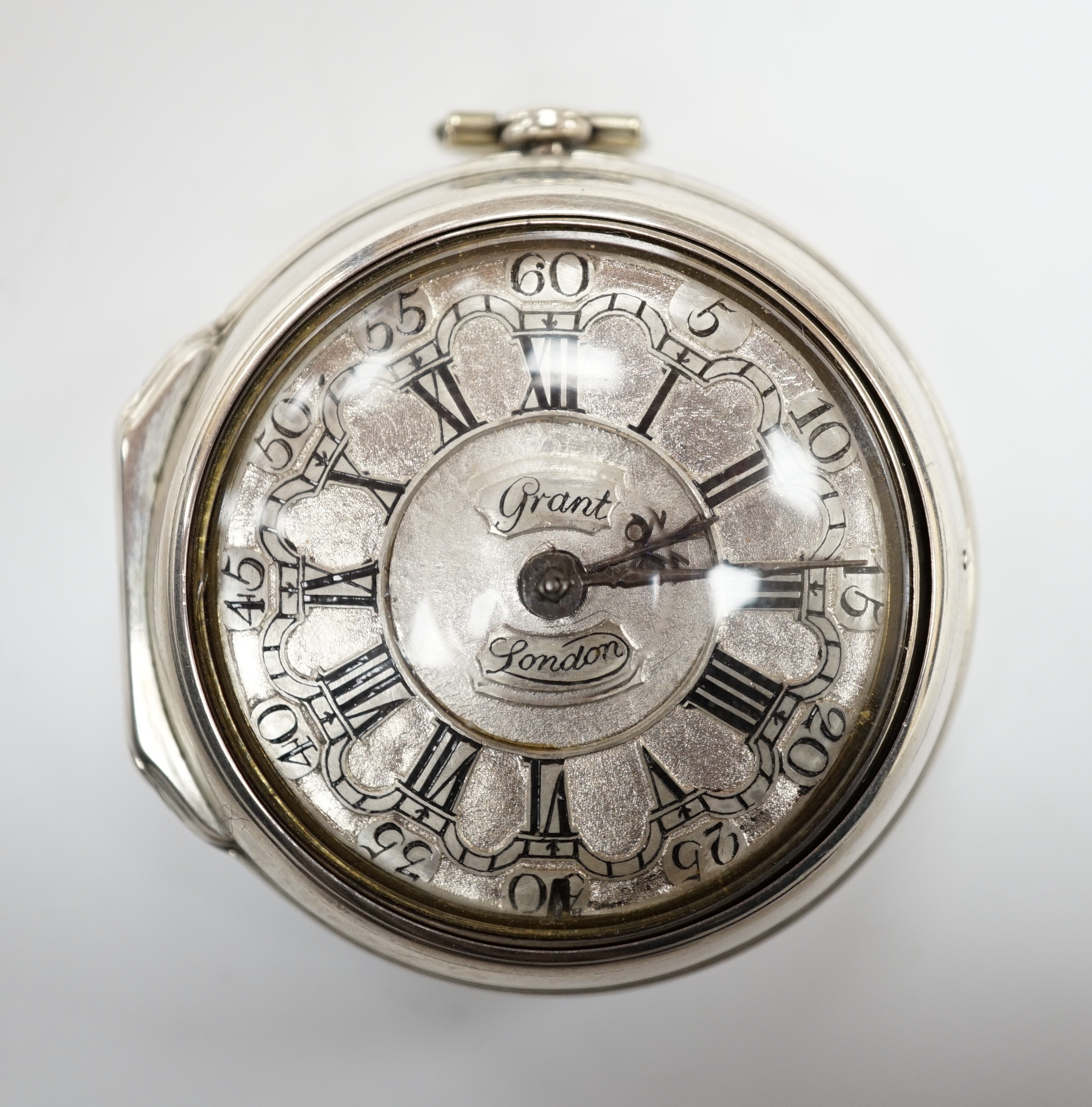 A late George II silver pair cased keywind verge pocket watch by William Grant of London, with Roman dial, the signed movement numbered 6984, outer case diameter 48mm.